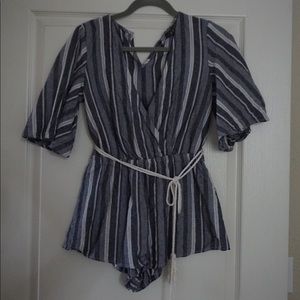 Blue, grey and white striped romper
